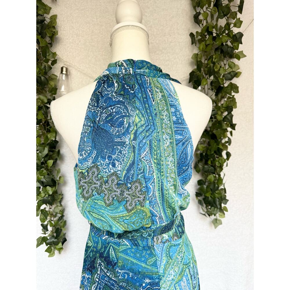 London Times Blue Green Zippered Paisley Print Maxi Dress Women's 8 Medium - Picture 9 of 14